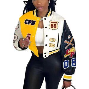 Women's Varsity Jacket with Patches Print Cropped Bomber Leather Jacket A-Yellow